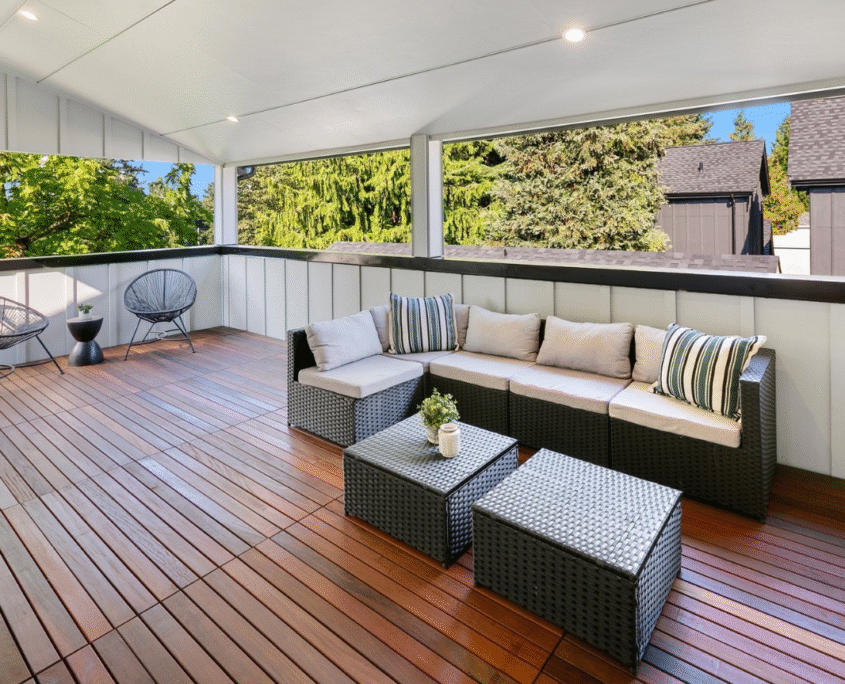 A COVERED DECK MADE OF 24X48 IPE TILES
